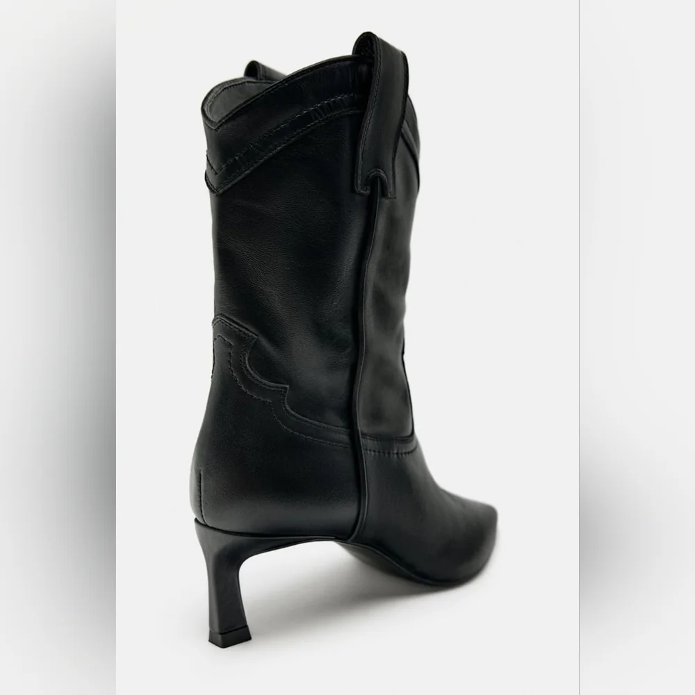 ZARA LEATHER COWBOY HEELED ANKLE BOOTS